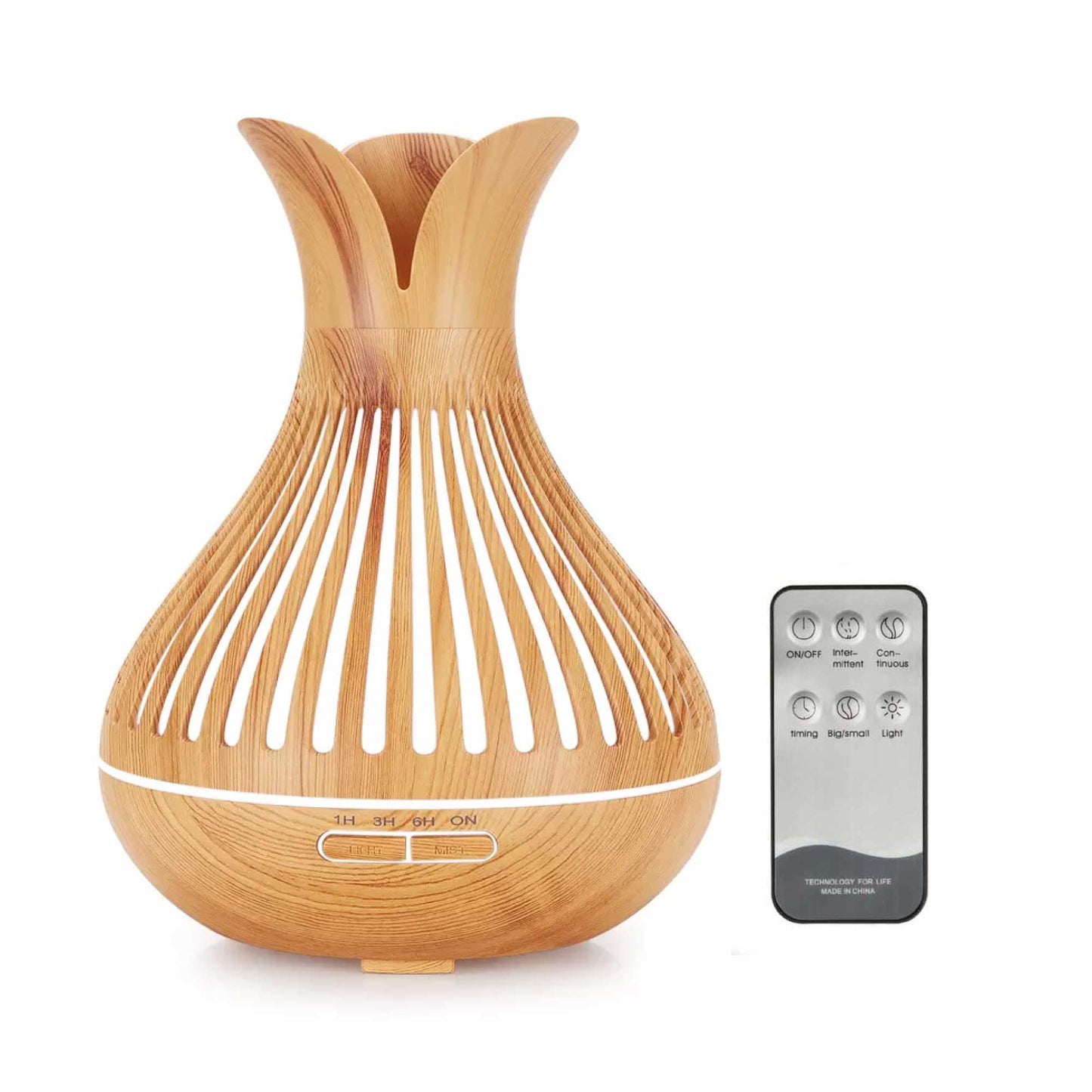 Essential Oil Aroma Diffuser and Remote - 500ml Flower Top Wood Mist Humidifier